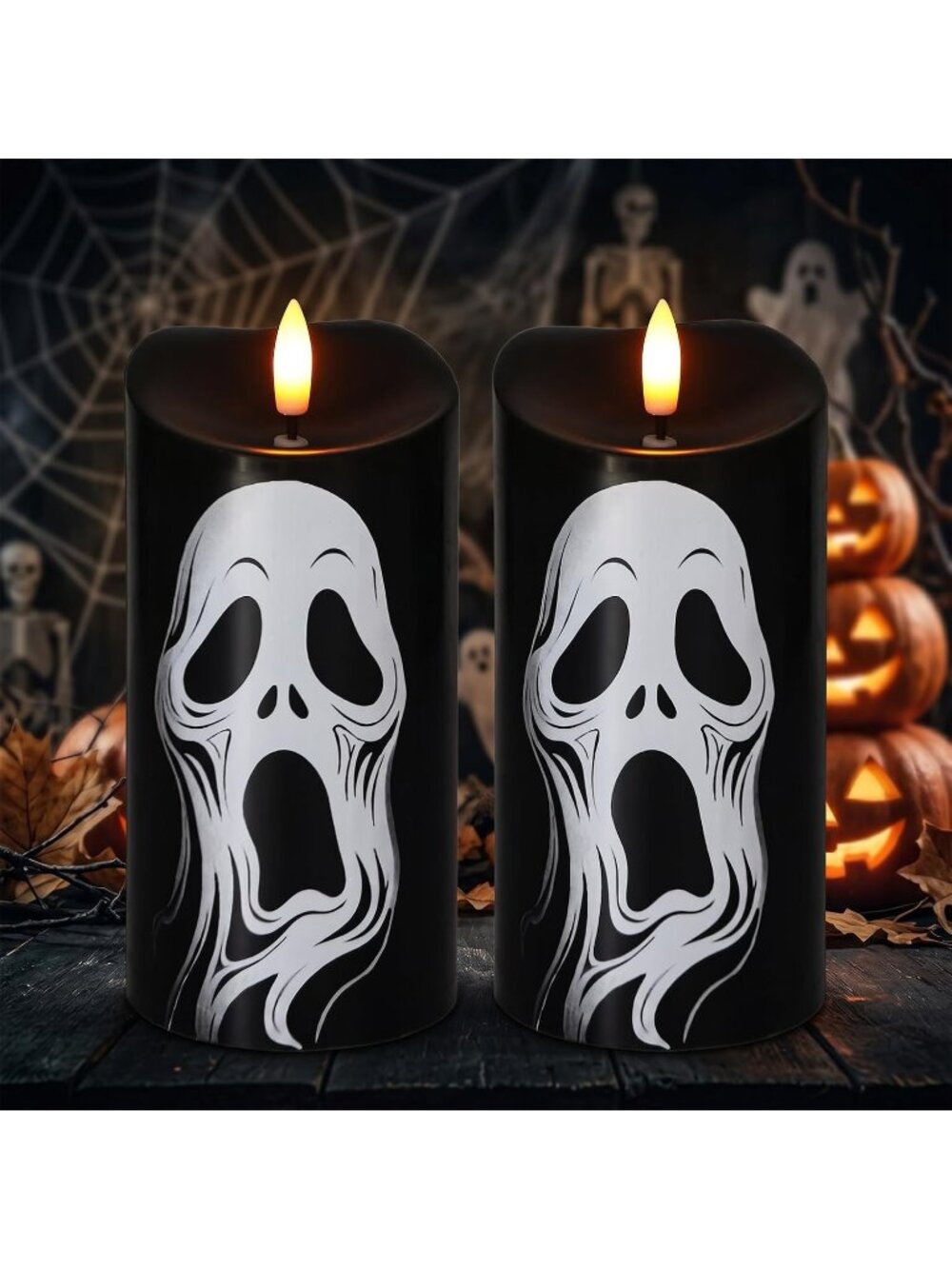 2PCS Halloween Black Flameless Pillar Candles Ghost Decals Real Wax 6H Timer